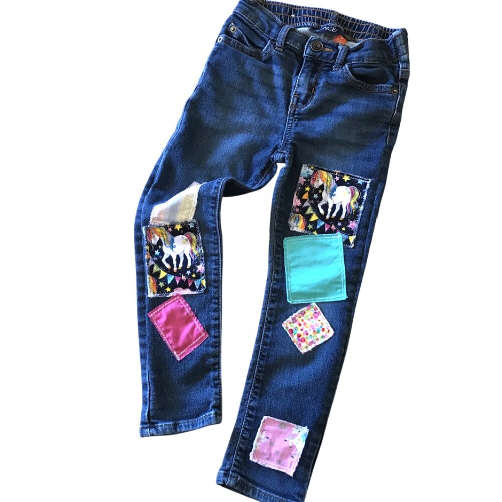 Elastic Waist Denim Jeans, Upcycled Unicorn Theme Patchwork Pants Girl's Size 5